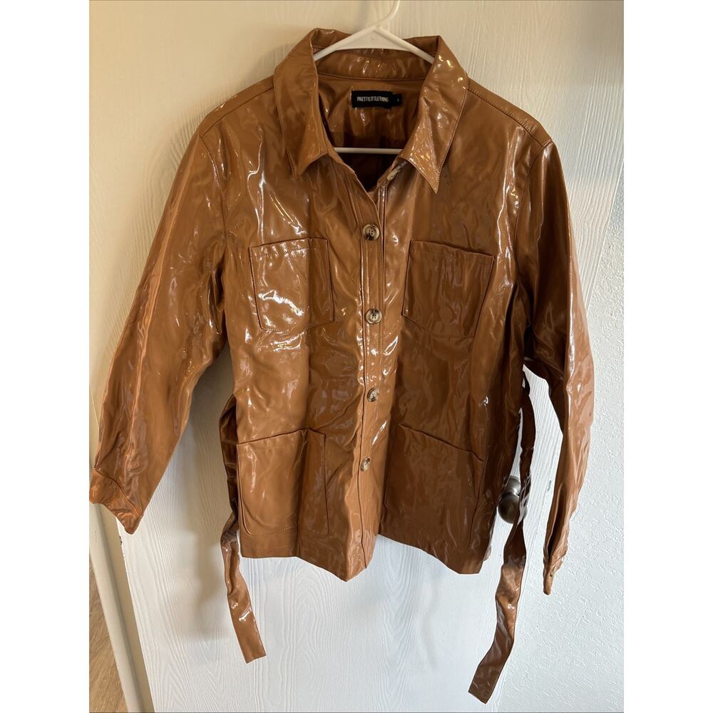 Pretty Little Thing - Brown Faux Leather Button Up Rain Jacket - Size Large